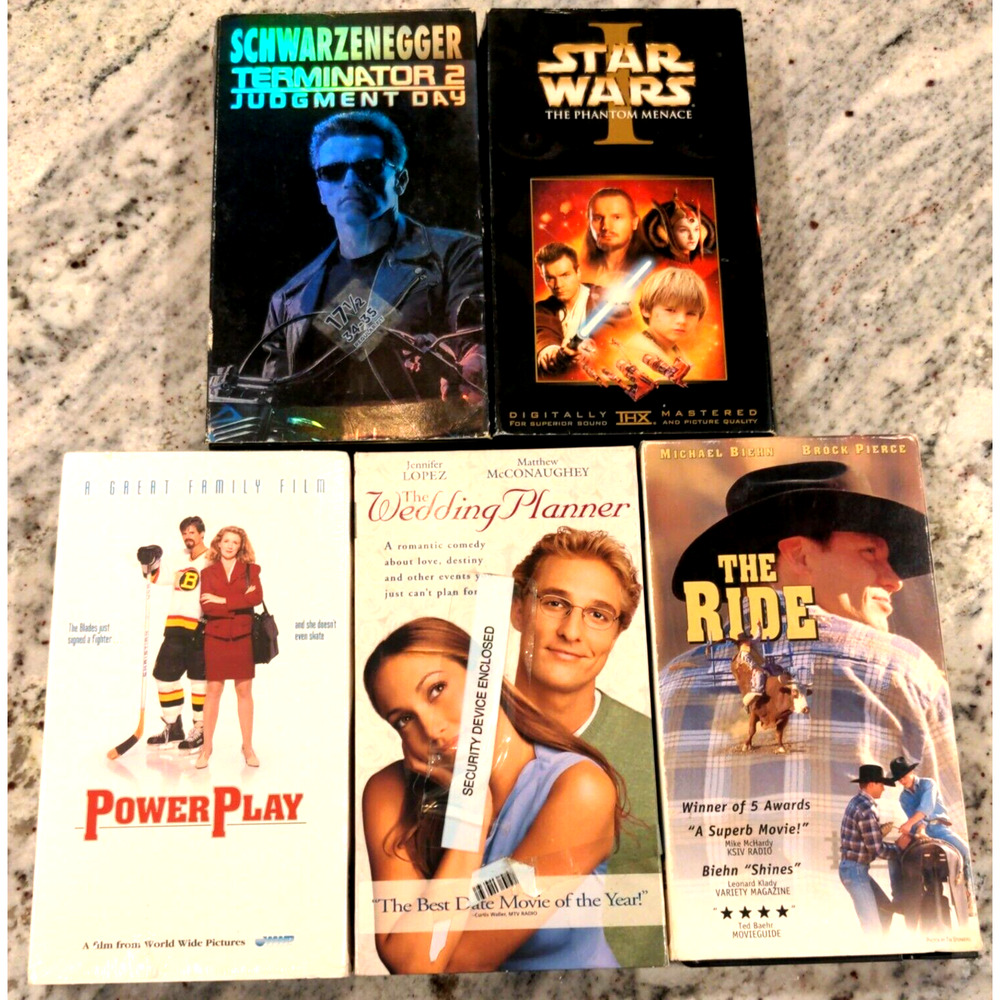 5 VHS Lot: Star Wars Phantom Menace, Terminator 2, The Ride, Power Play, Wedding